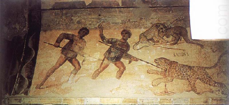 unknow artist Fresco in the main hall of the Hunting Baths at Lepcis Magna china oil painting image